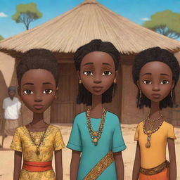 Generate an AI-created cartoon showcasing an engaging African tale, composed of various captivating narrative phases, evoking the rich African cultural tradition through lively characters, vivid settings, and a compelling storyline.