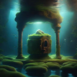 A high-quality digital art image displays an enchanting underwater room, shrouded in shadows