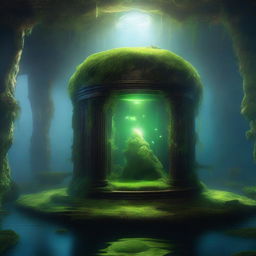 A high-quality digital art image displays an enchanting underwater room, shrouded in shadows