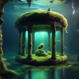 A high-quality digital art image displays an enchanting underwater room, shrouded in shadows