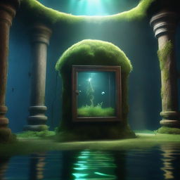 A high-quality digital art image displays an enchanting underwater room, shrouded in shadows