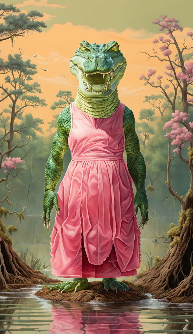 A large green crocodile wearing a soft pastel pink A-line dress in a lush swamp setting.