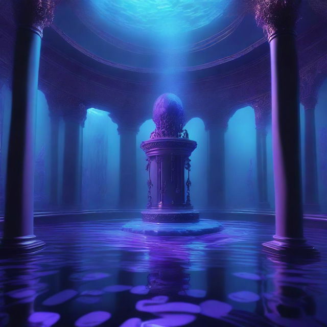 This high-quality digital artwork features a wide, shadowy room submerged in water, with walls and floors ingeniously crafted from bone