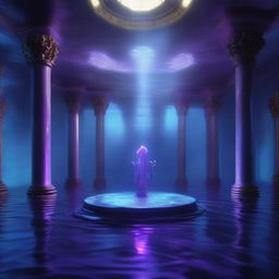 This high-quality digital artwork features a wide, shadowy room submerged in water, with walls and floors ingeniously crafted from bone