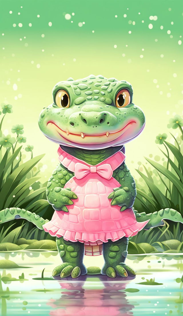 A kawaii-style crocodile in a pastel pink dress, with big sparkling eyes and a cute smile, set in a lush, vibrant swamp.