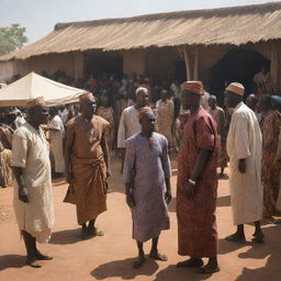 Generate an AI-created image of a bustling African marketplace scene where Prince Kwame, in disguise, is mingling with the villagers. In the shadows, Nia, a wise elder, watches observantly.