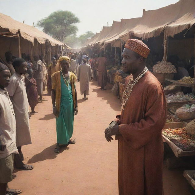 Generate an AI-created image of a bustling African marketplace scene where Prince Kwame, in disguise, is mingling with the villagers. In the shadows, Nia, a wise elder, watches observantly.