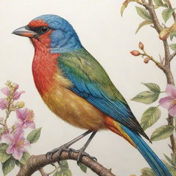 A strikingly detailed and colourfully drawn picture of a bird