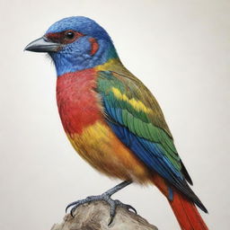 A strikingly detailed and colourfully drawn picture of a bird