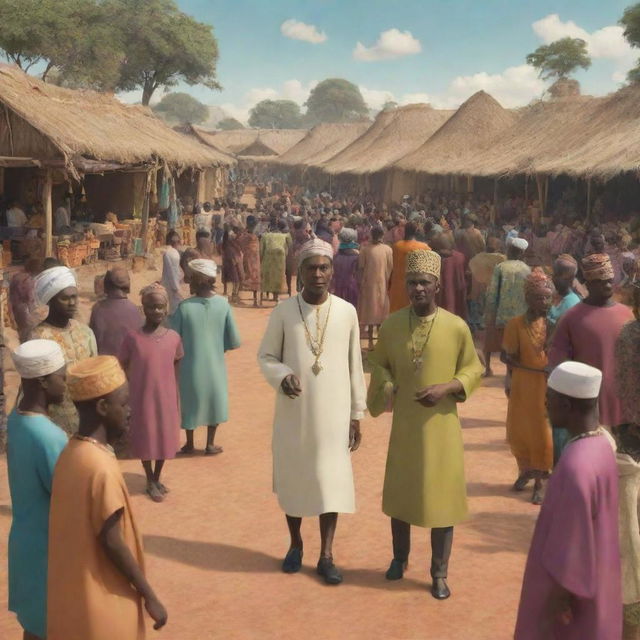 In an AI-generated African tale animation, depict a bustling marketplace scene featuring a disguised Prince Kwame blending with villagers while Nia, the wise elder, keenly observes from the periphery.