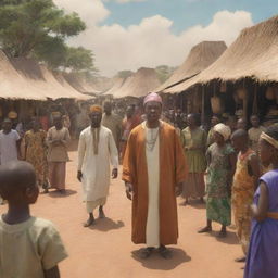 In an AI-generated African tale animation, depict a bustling marketplace scene featuring a disguised Prince Kwame blending with villagers while Nia, the wise elder, keenly observes from the periphery.