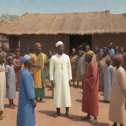 In an AI-generated African tale animation, depict a bustling marketplace scene featuring a disguised Prince Kwame blending with villagers while Nia, the wise elder, keenly observes from the periphery.