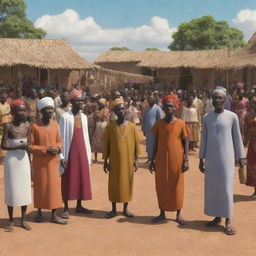 In an AI-generated African tale animation, depict a bustling marketplace scene featuring a disguised Prince Kwame blending with villagers while Nia, the wise elder, keenly observes from the periphery.