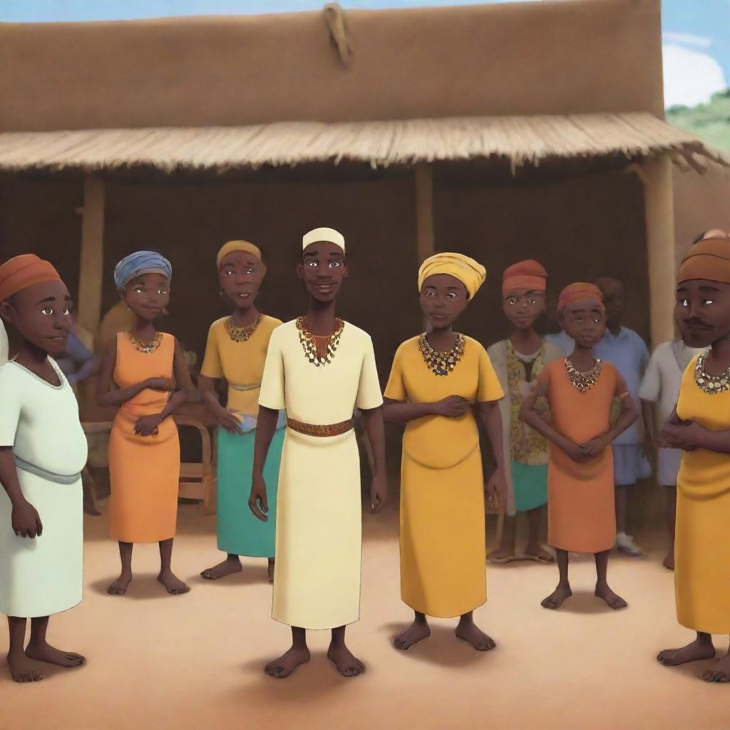 Create an animated scene in an African tale AI cartoon. It features a handsome Prince Kwame in disguise, mingling with villagers within a bustling marketplace while Nia, the wise elder, observes from the shadows.