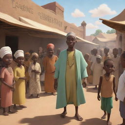 Create an animated scene in an African tale AI cartoon. It features a handsome Prince Kwame in disguise, mingling with villagers within a bustling marketplace while Nia, the wise elder, observes from the shadows.