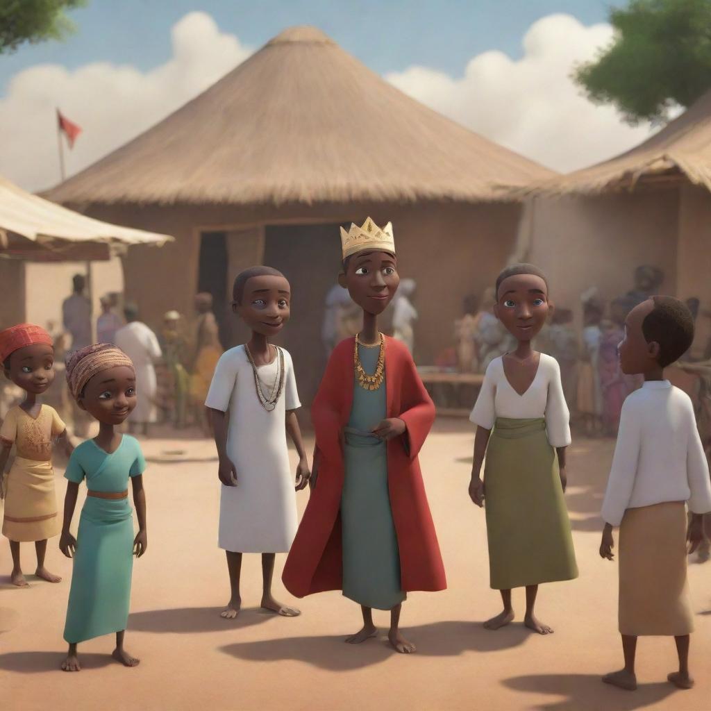 Create an animated scene in an African tale AI cartoon. It features a handsome Prince Kwame in disguise, mingling with villagers within a bustling marketplace while Nia, the wise elder, observes from the shadows.