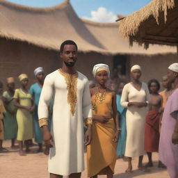 Create an animated scene in an African tale AI cartoon. It features a handsome Prince Kwame in disguise, mingling with villagers within a bustling marketplace while Nia, the wise elder, observes from the shadows.