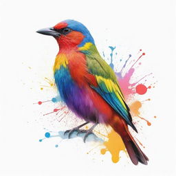 A vividly colored bird drawn on a pure white background, dotted with splashes of color