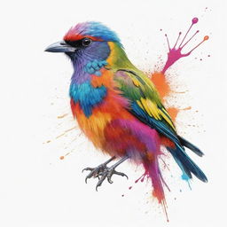 A vividly colored bird drawn on a pure white background, dotted with splashes of color