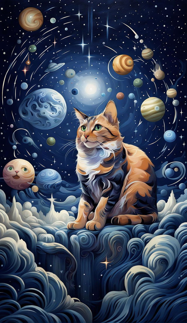 A vibrant digital art of a universe where cats are celestial bodies - stars as cat's eyes, Milky Way as calico fur, planets as different cat breeds, comets as fluffy tails, sun as a golden Maine Coon and moon as a silver Persian.