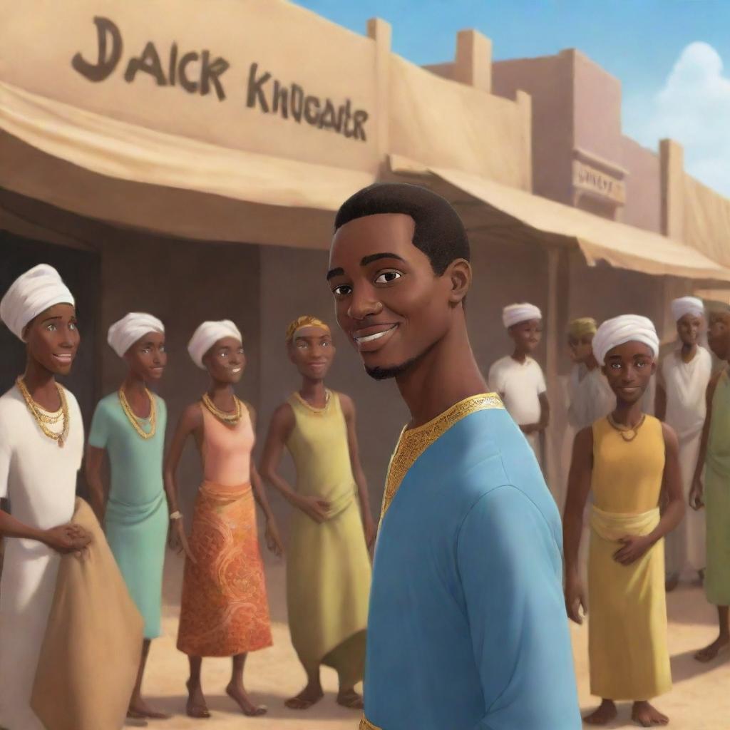 Create an animated scene for an African tale cartoon. Illustrate the handsome Prince Kwame in disguise, mingling with villagers in a bustling marketplace, while Nia, the wise elder, observes from the shadows.