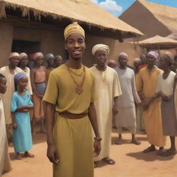 Create an animated scene for an African tale cartoon. Illustrate the handsome Prince Kwame in disguise, mingling with villagers in a bustling marketplace, while Nia, the wise elder, observes from the shadows.