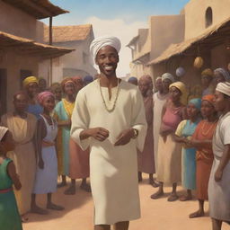 Create an animated scene for an African tale cartoon. Illustrate the handsome Prince Kwame in disguise, mingling with villagers in a bustling marketplace, while Nia, the wise elder, observes from the shadows.