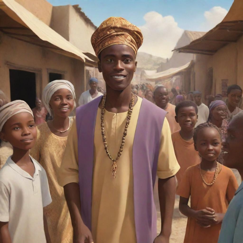 Create an animated scene for an African tale cartoon. Illustrate the handsome Prince Kwame in disguise, mingling with villagers in a bustling marketplace, while Nia, the wise elder, observes from the shadows.