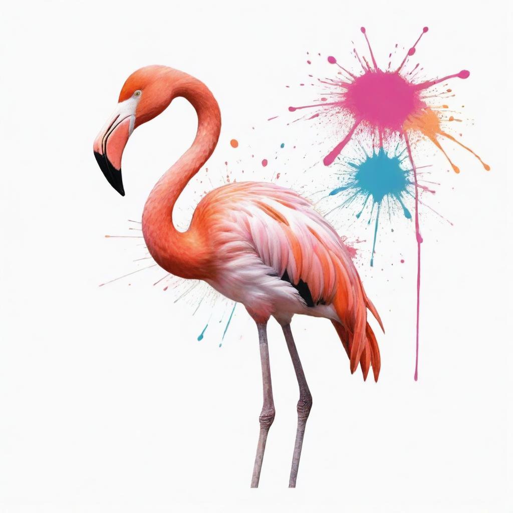 A hand-drawn image of a Flamingo with color splashes on a white background.