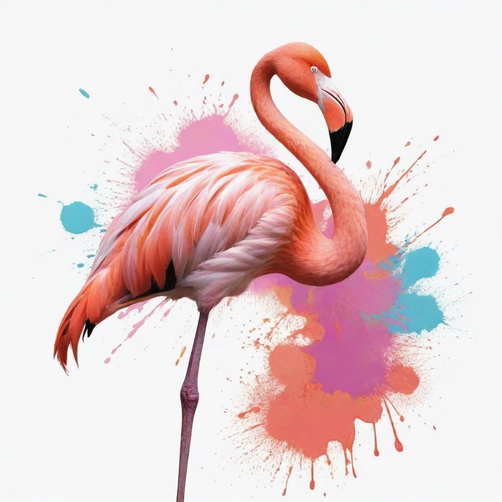 A hand-drawn image of a Flamingo with color splashes on a white background.