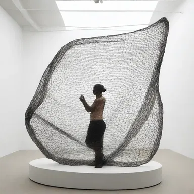 The artist used a fishnet as a prop in her contemporary sculpture to represent the fragility of the marine ecosystem.
