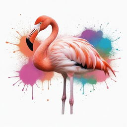 A hand-drawn image of a Flamingo with color splashes on a white background.