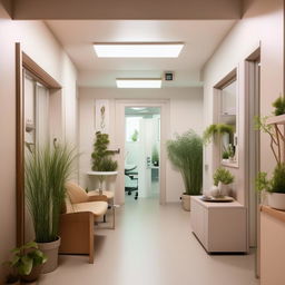 A cozy small clinic with a welcoming entrance, modern equipment, and a soothing waiting area with plants