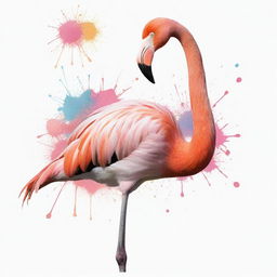 A hand-drawn image of a Flamingo with color splashes on a white background.