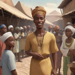 Create an animated scene for an African tale cartoon. Illustrate the handsome Prince Kwame in disguise, mingling with villagers in a bustling marketplace, while Nia, the wise elder, observes from the shadows.