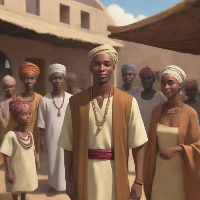 Create an animated scene for an African tale cartoon. Illustrate the handsome Prince Kwame in disguise, mingling with villagers in a bustling marketplace, while Nia, the wise elder, observes from the shadows.