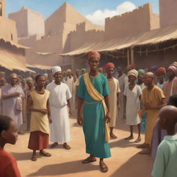 Create an animated scene for an African tale cartoon. Illustrate the handsome Prince Kwame in disguise, mingling with villagers in a bustling marketplace, while Nia, the wise elder, observes from the shadows.