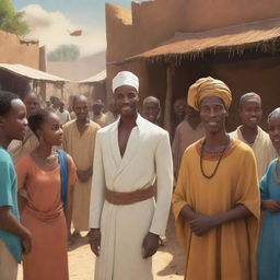 Create an animated scene for an African tale cartoon. Illustrate the handsome Prince Kwame in disguise, mingling with villagers in a bustling marketplace, while Nia, the wise elder, observes from the shadows.