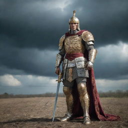 Victorious king in ornate armor standing proudly on a battlefield strewn with evidence of a hard-fought battle, under a dramatic sky.