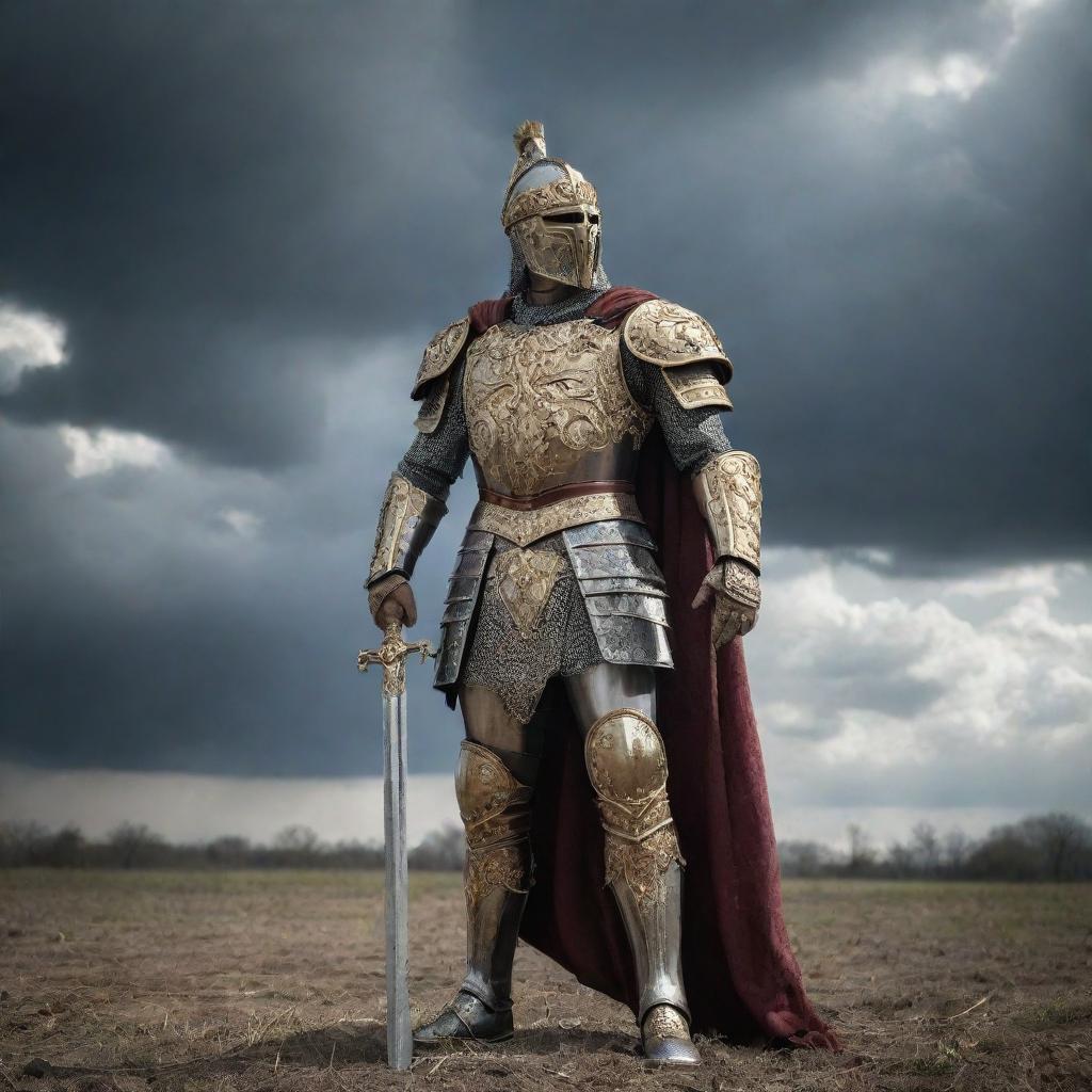 Victorious king in ornate armor standing proudly on a battlefield strewn with evidence of a hard-fought battle, under a dramatic sky.