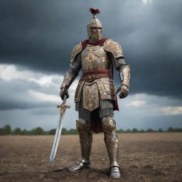 Victorious king in ornate armor standing proudly on a battlefield strewn with evidence of a hard-fought battle, under a dramatic sky.