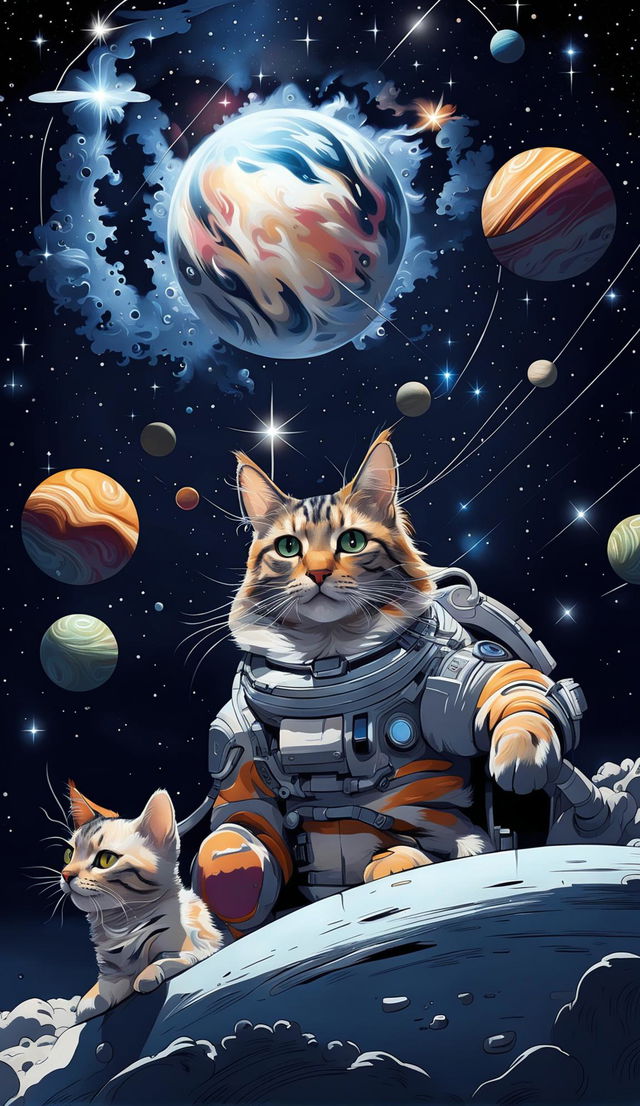 A digital art of an expanded cat universe with more cats forming nebulae and constellations, and cats in sleek spacesuits floating around in zero gravity.