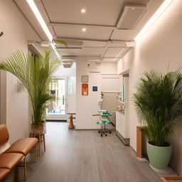 A cozy small clinic with a welcoming entrance, modern equipment, and a soothing waiting area with plants