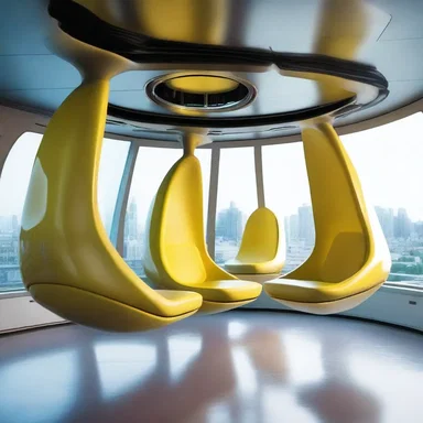 The alien spaceship had a futuristic seating area, with floating chairs suspended in mid-air.