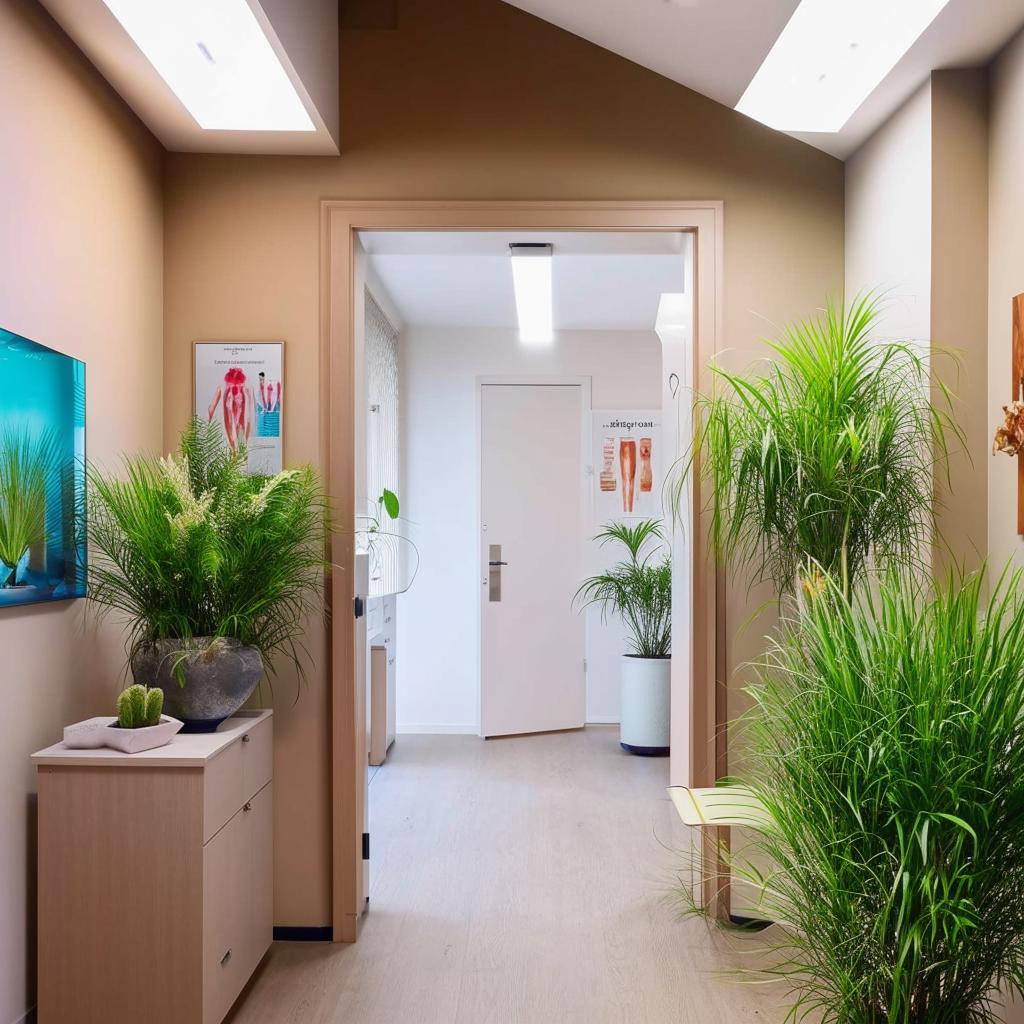 A cozy small clinic with a welcoming entrance, modern equipment, and a soothing waiting area with plants