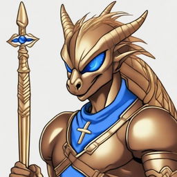 This is a high-quality digital art image depicting a young, tall bronze dragonman