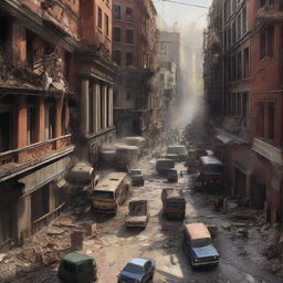 A high-quality digital art image now depicts the same bustling city amidst an earthquake