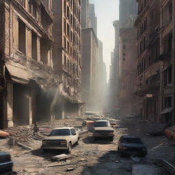 A high-quality digital art image now depicts the same bustling city amidst an earthquake