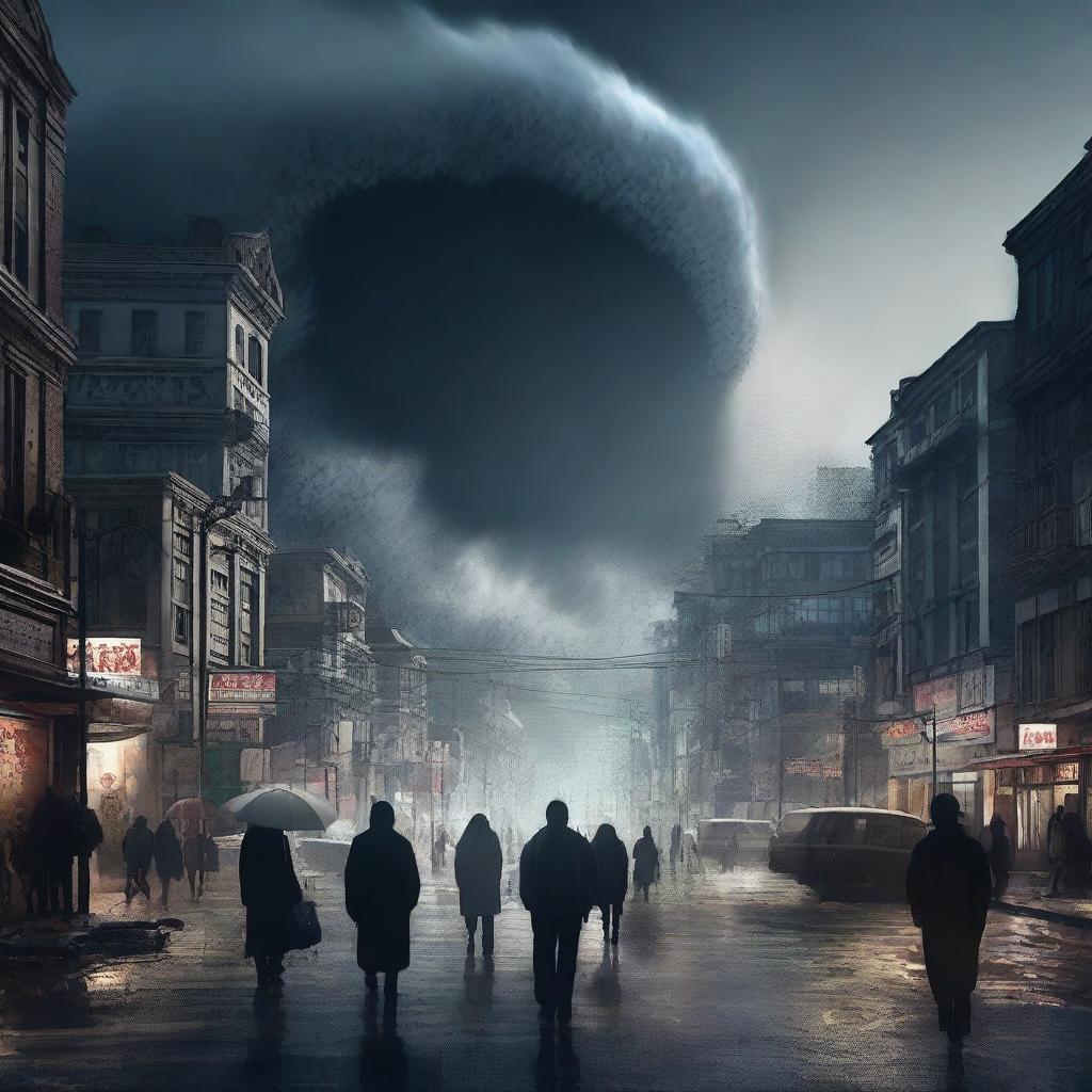 The digital art image now portrays the same city under the threat of a massive tsunami