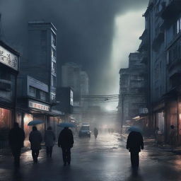 The digital art image now portrays the same city under the threat of a massive tsunami